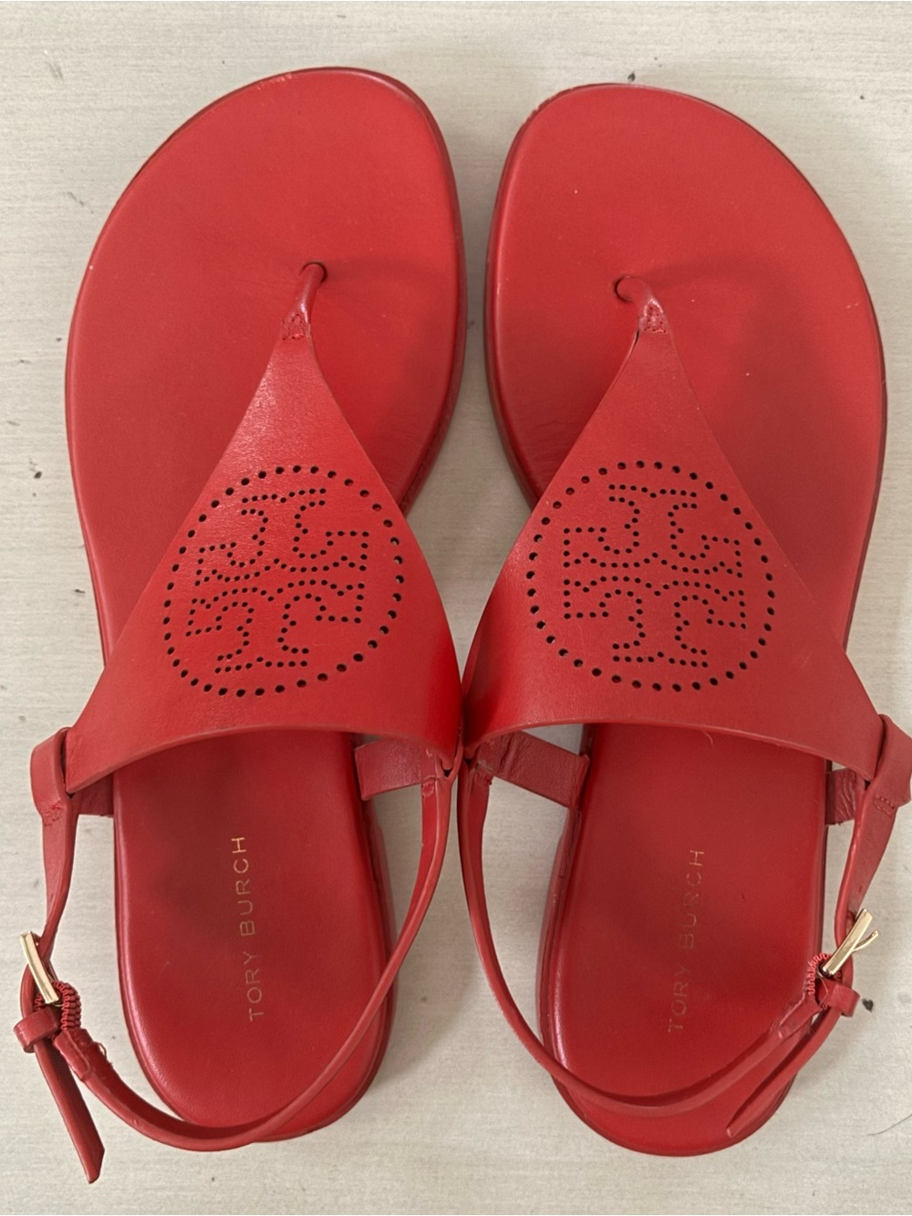 Tory Burch Red Leather Perforated Logo Toe-Post Sandals